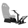 Racing simulator steering wheel stand with gray bucket seat and black metal frame