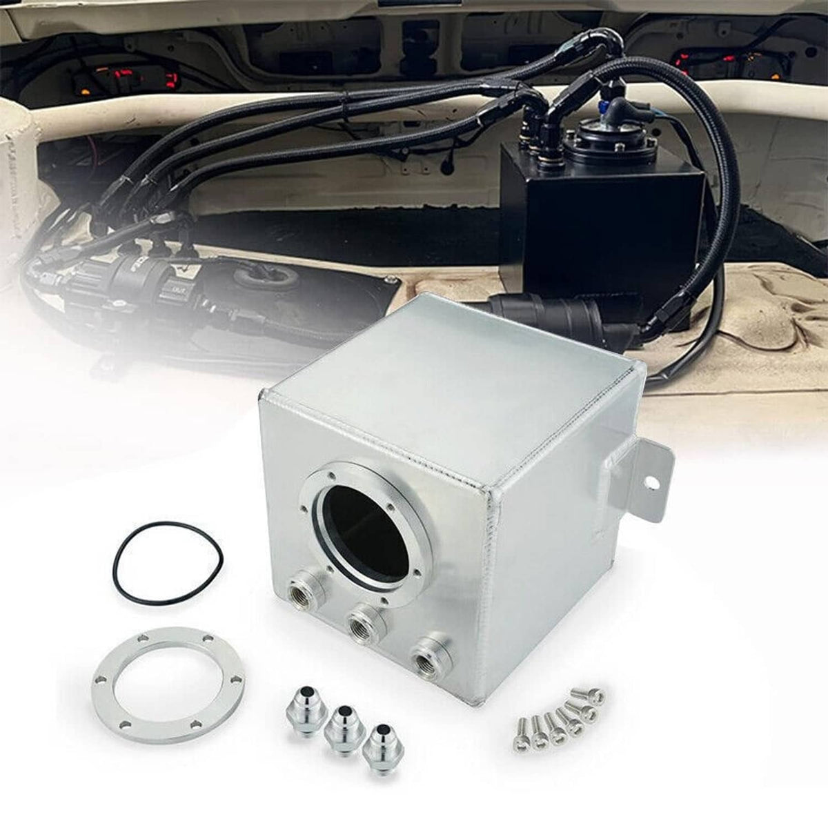 Aluminum fuel surge pot tank installed in engine bay with fittings and O-ring