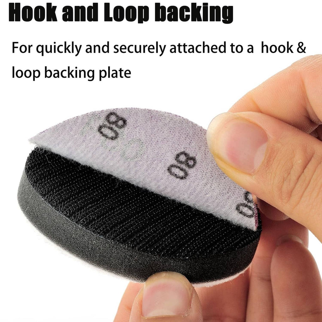 Purple hook-and-loop sanding disc with backing plate, fast attachment for drills