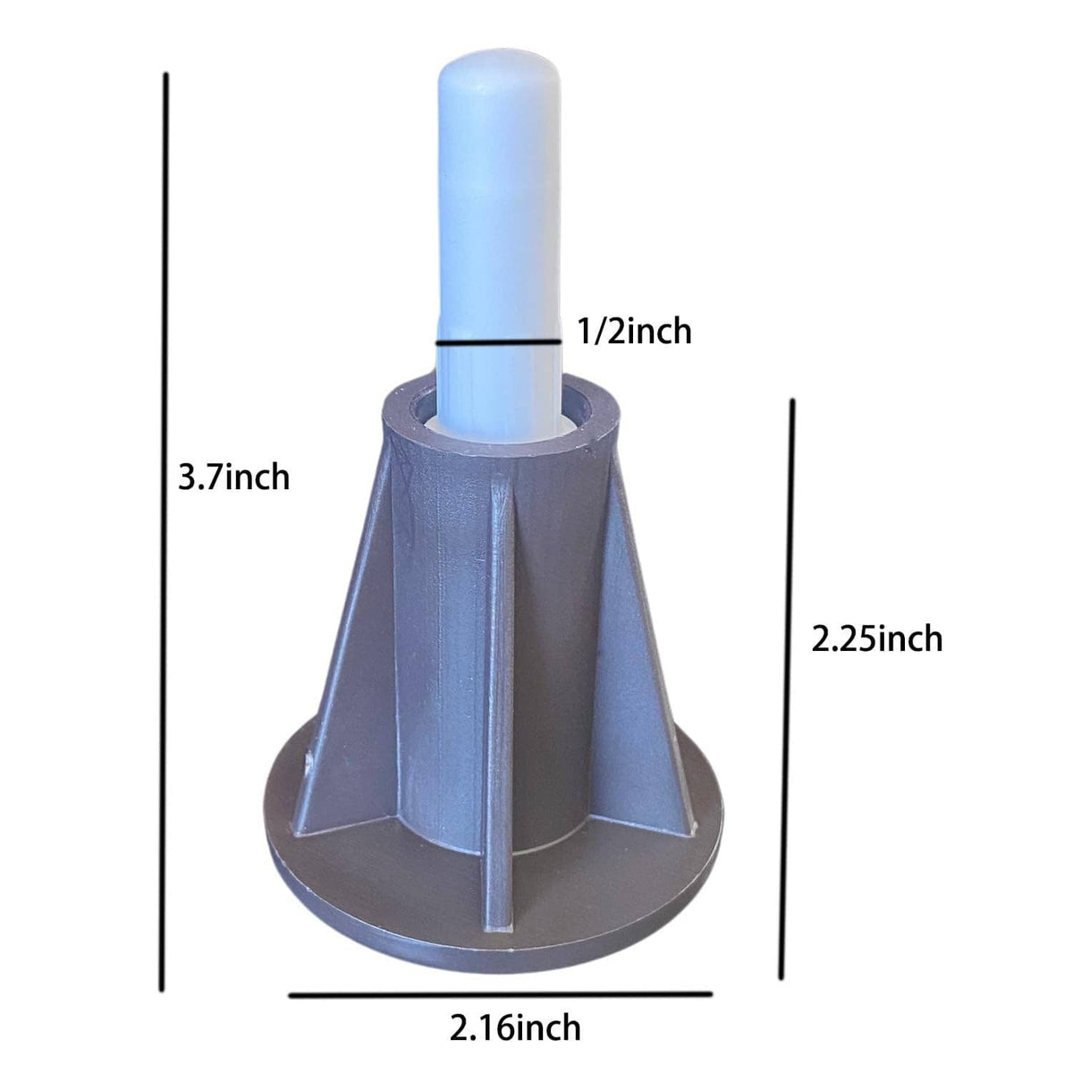 Replacement bed frame foot with steel stem; dimensions 3.7 in tall and 2.25 in wide