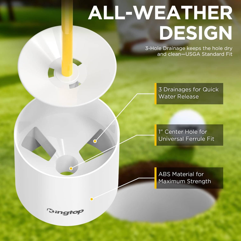 Miniature golf flagstick base with drainage holes and yellow pole, all-weather design