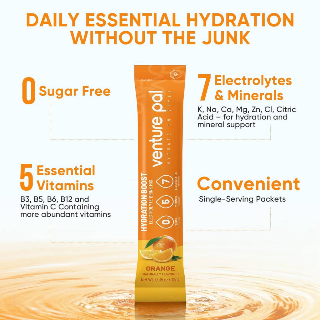 Orange sugar-free electrolyte stick pack labeled 7 electrolytes and 5 vitamins