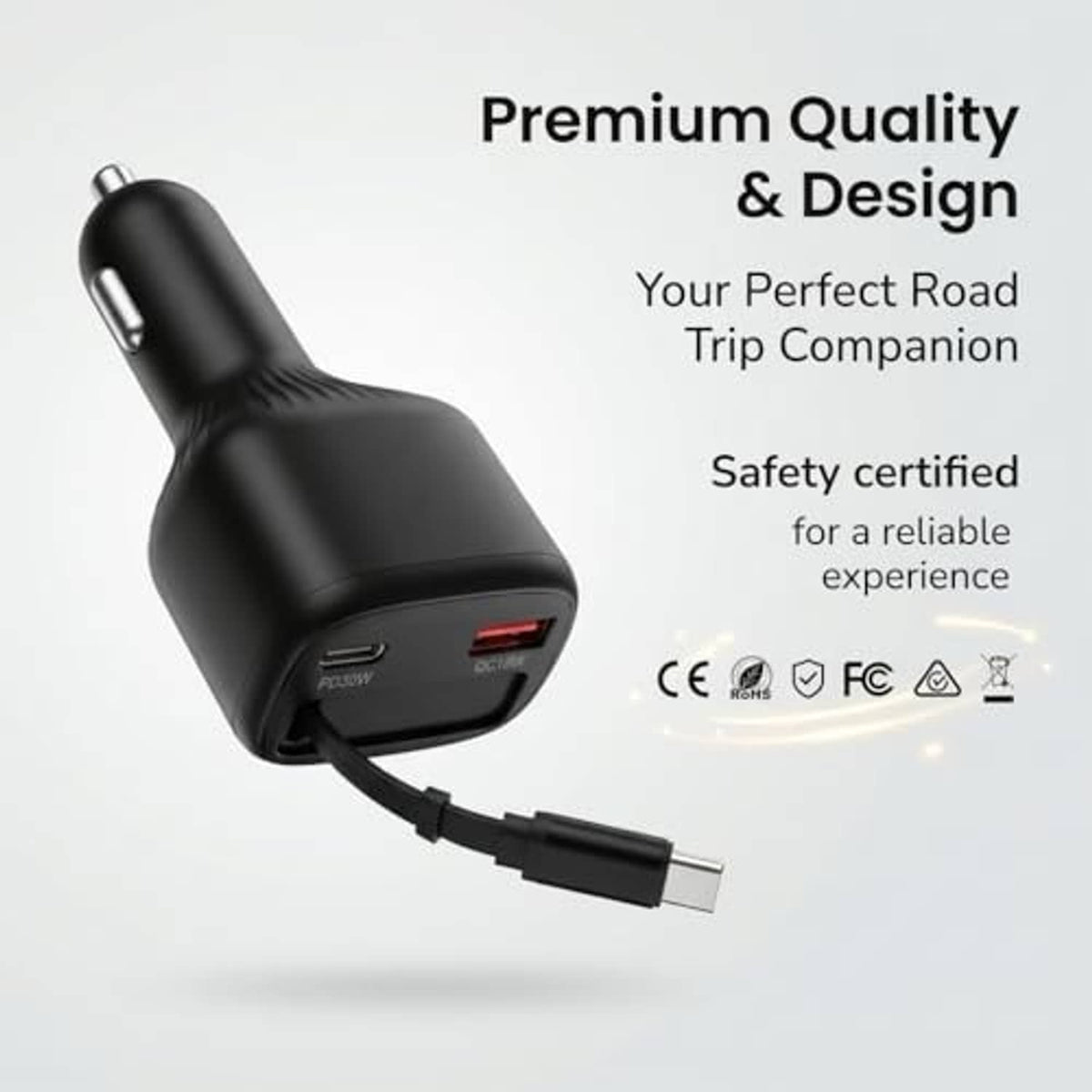 Black retractable car charger with USB-C cable and indicator lights