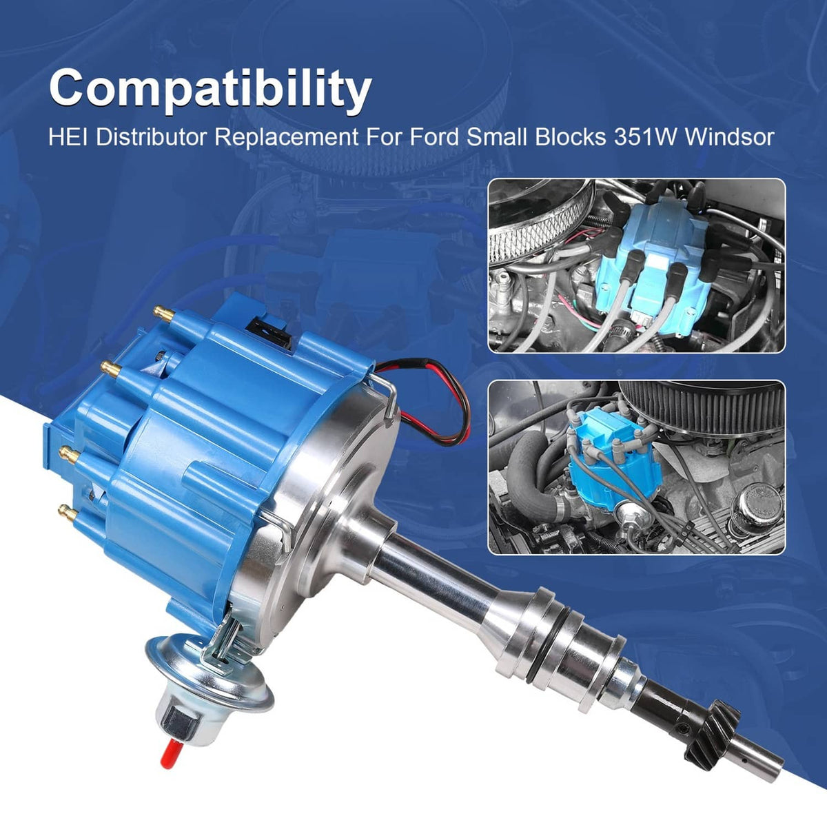 Blue HEI ignition distributor module with vacuum canister and ignition leads