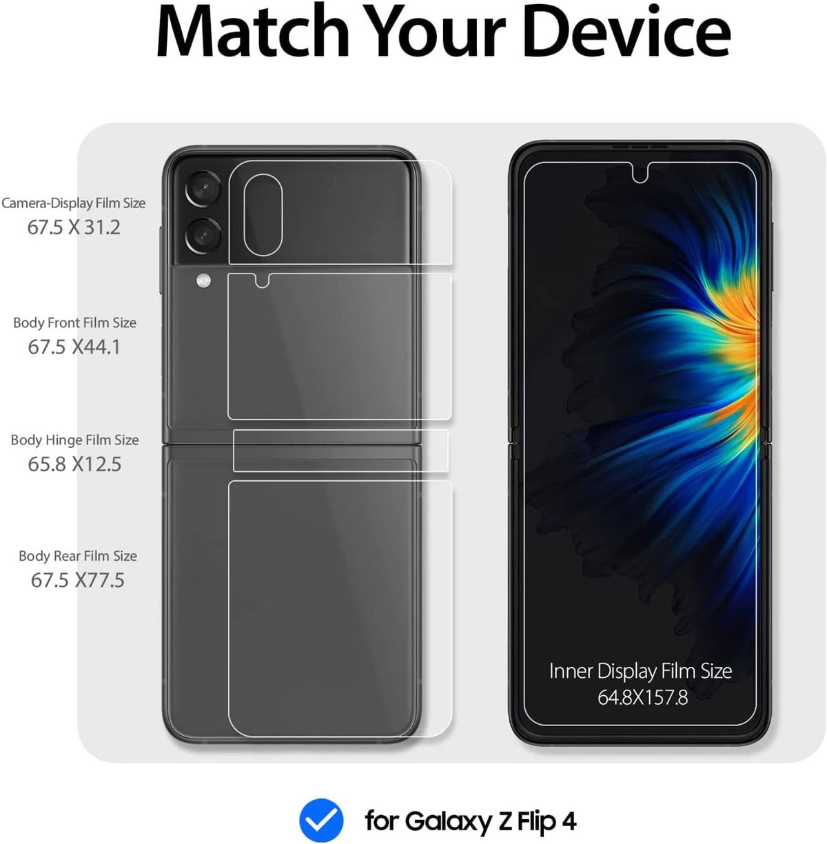Template showing screen protector film sizes for Galaxy Z Flip 4 inner display