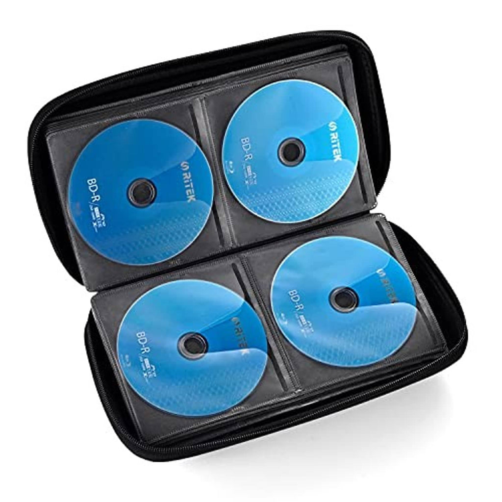 Black EVA DVD/CD case open with four blue discs in molded sleeves