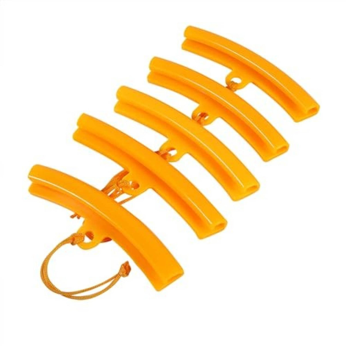 Orange tire rim protector guards, curved pieces with holes and attached cord