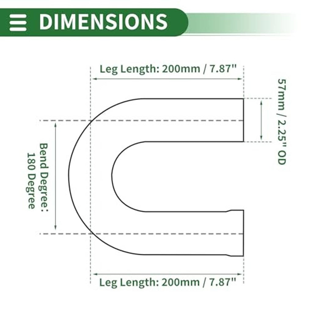 Exhaust U-bend dimension diagram with 180-degree bend angle and leg length callouts
