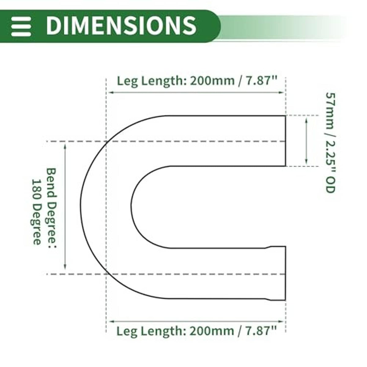 Exhaust U-bend dimension diagram with 180-degree bend angle and leg length callouts