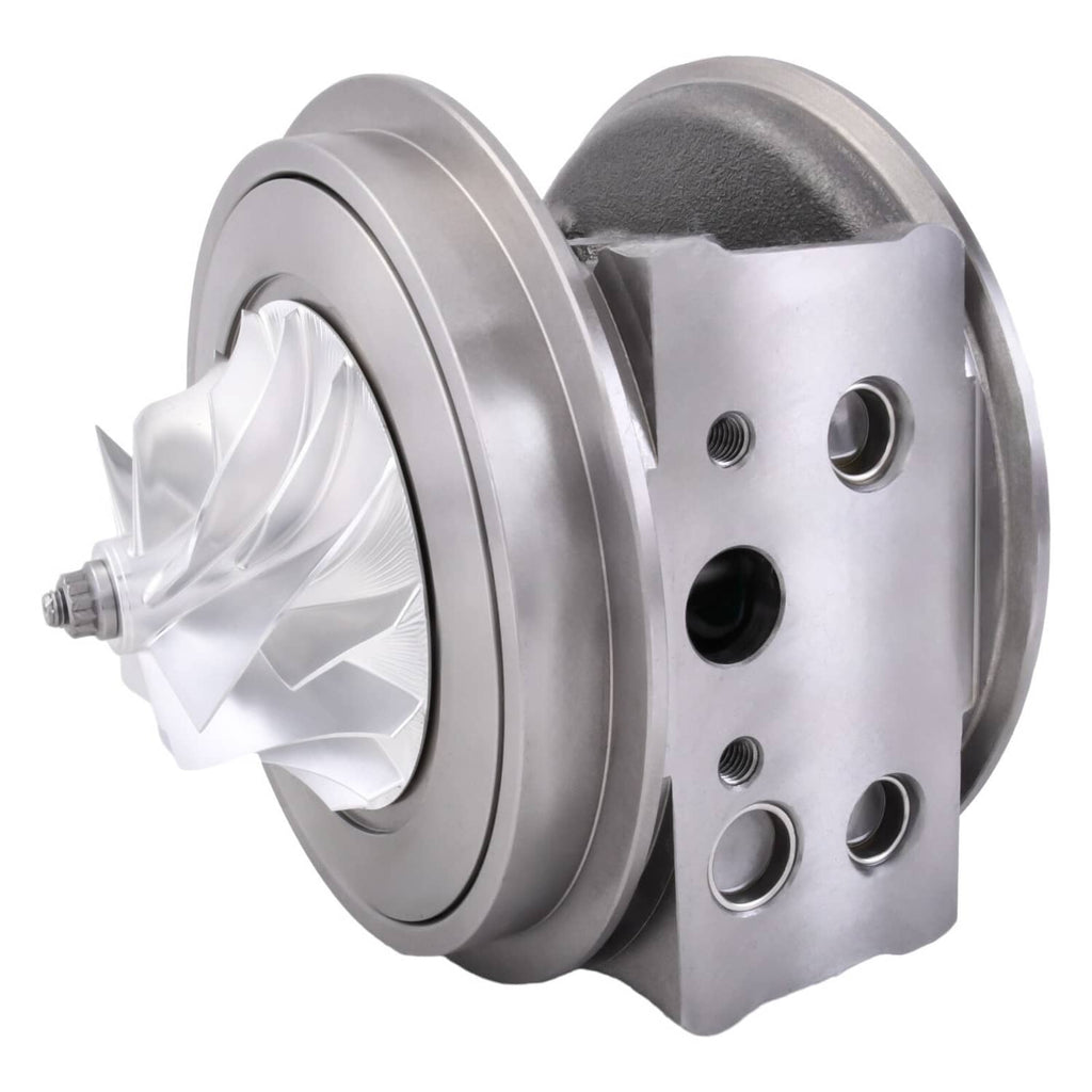 Turbo cartridge CHRA with compressor wheel and polished metal cover, turbine-side body.