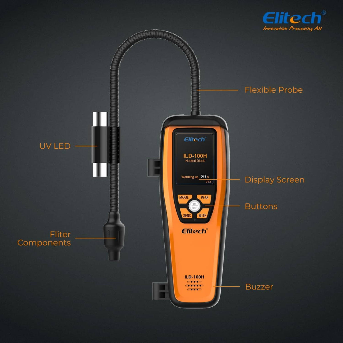Refrigerant leak detector with flexible probe, UV LED, screen, buttons, and buzzer