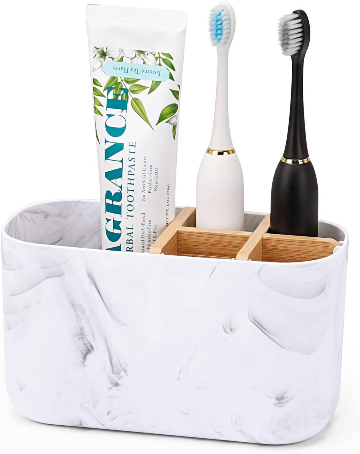 Marble-look 5-slot bamboo toothbrush holder with white and black toothbrushes and bamboo tray