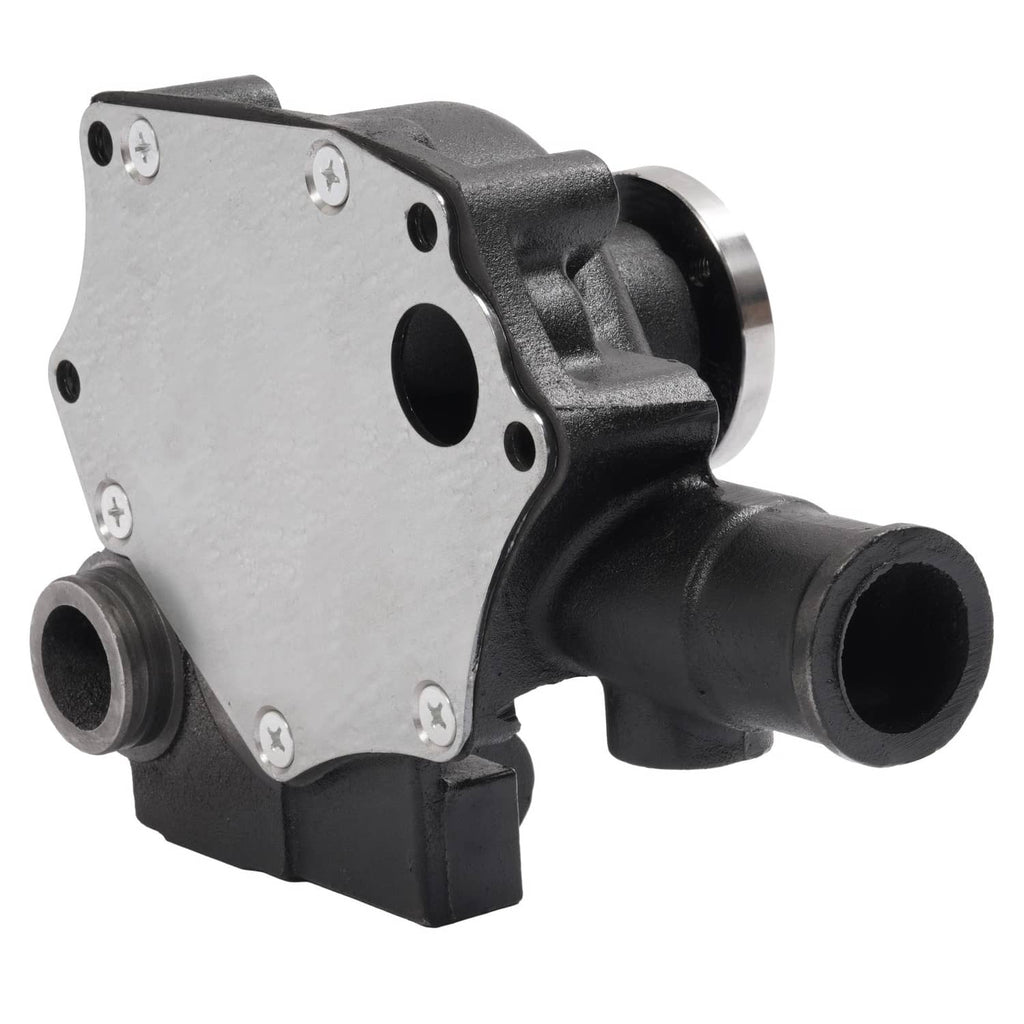 Water pump with silver mounting plate, black housing, and two port openings