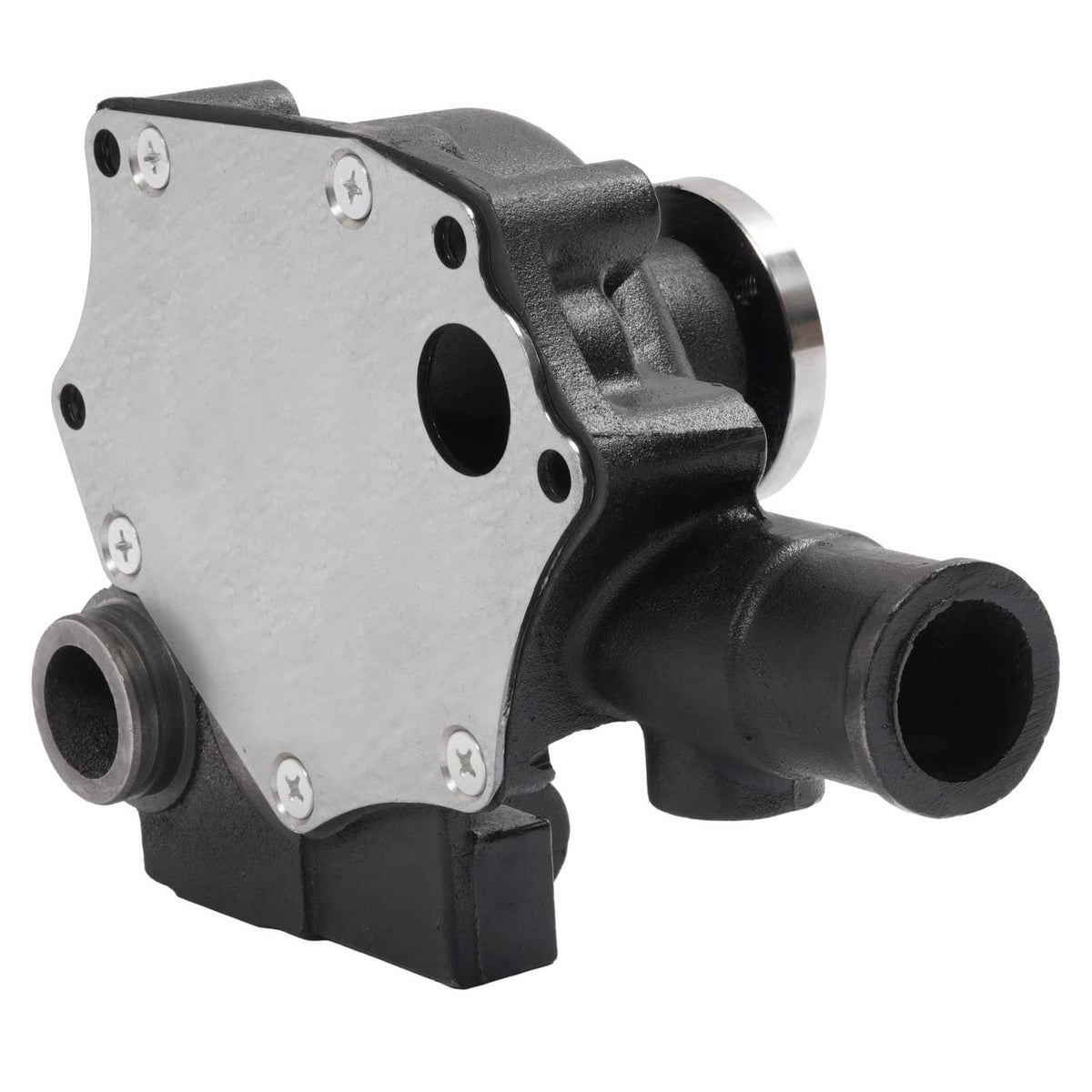 Water pump with silver mounting plate, black housing, and two port openings