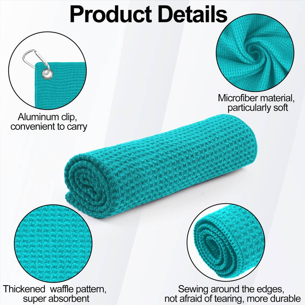 Teal microfiber golf towel with loop and metal clip; waffle texture detail