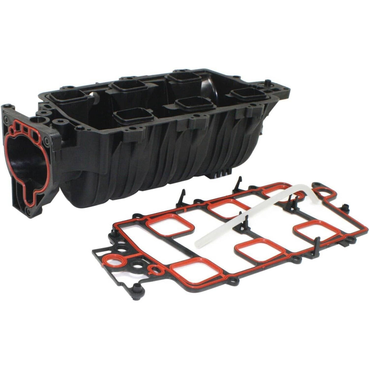 Black intake manifold with gasket set showing orange sealing areas.