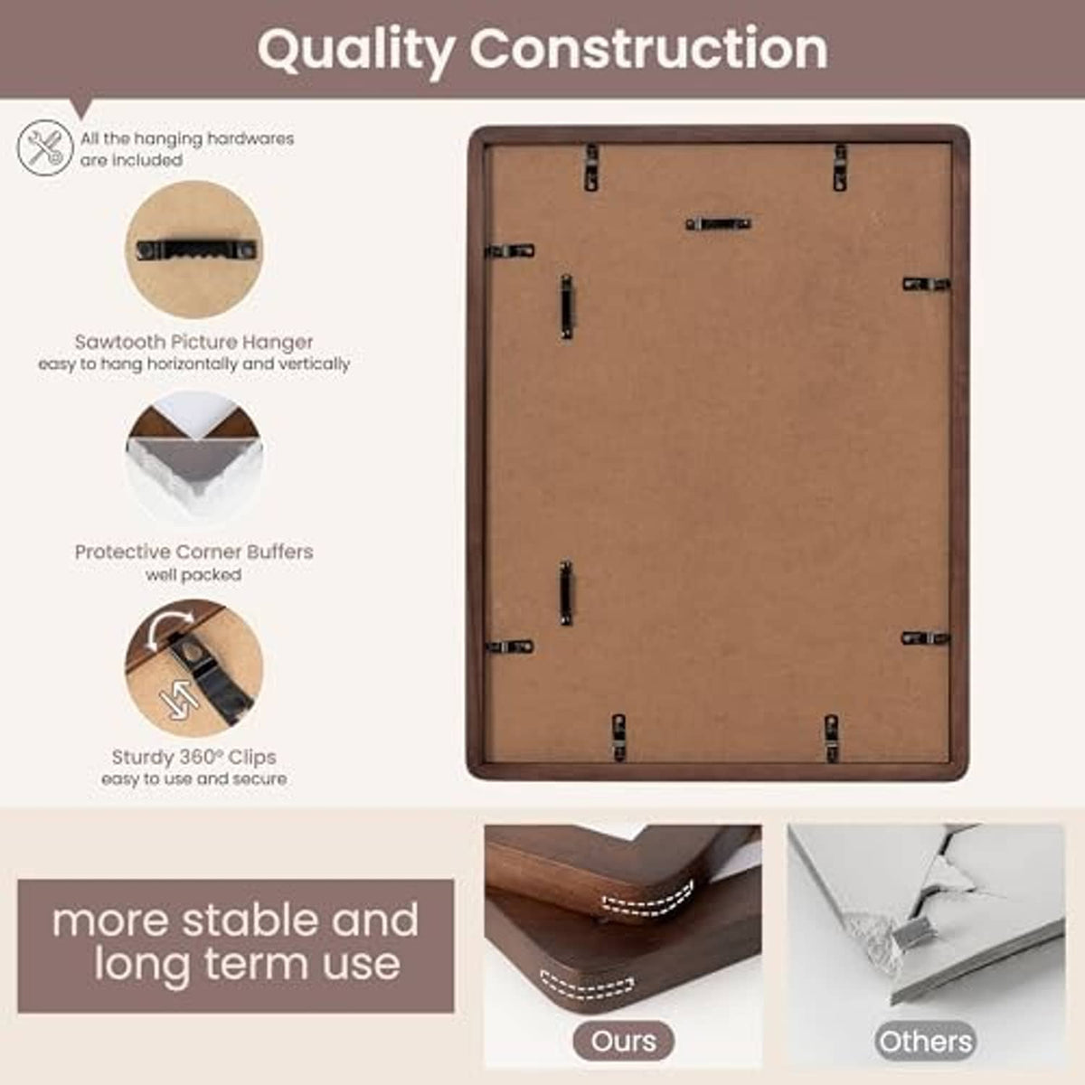Back of walnut wood picture frame with MDF backing and metal hanging clips