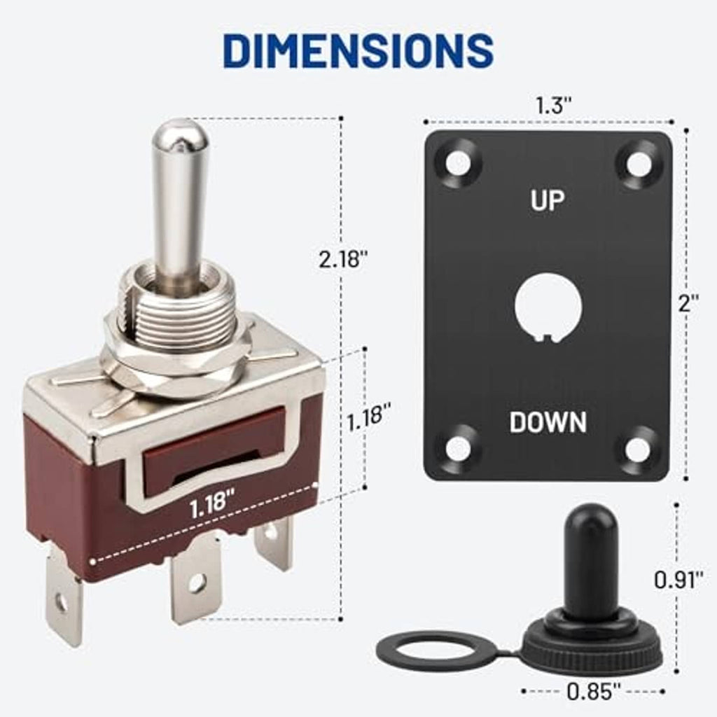 Marine toggle switch with black lever and UP/DOWN face, shown with size dimensions