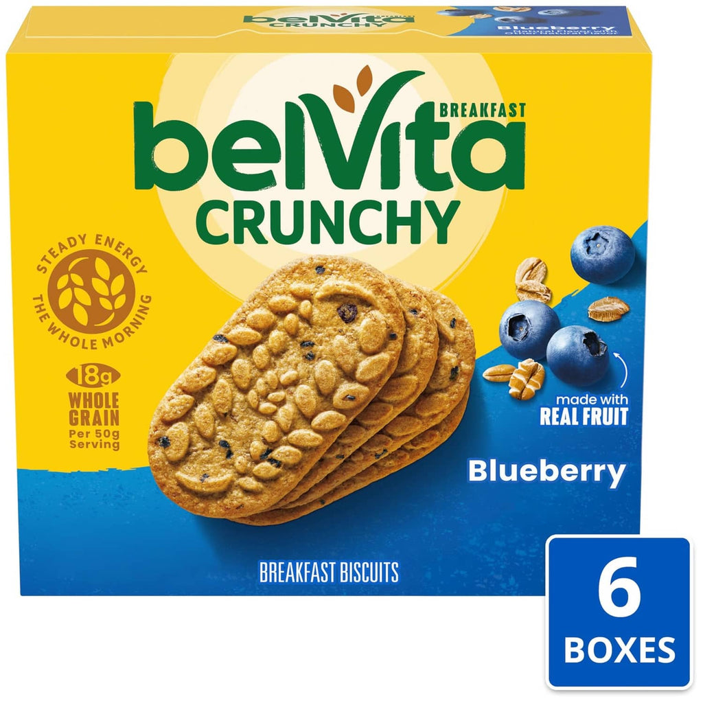 belVita Crunchy Blueberry breakfast biscuits box with a 6-boxes label