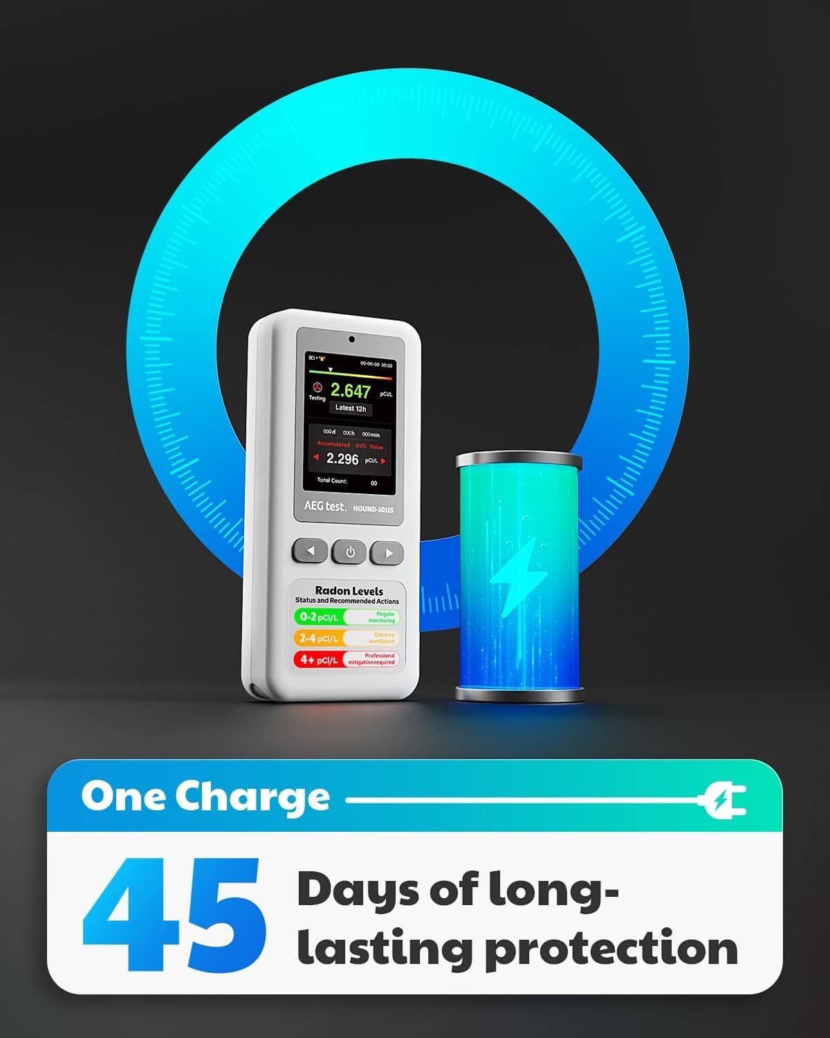 Portable radon detector, white handheld device with blue charging cylinder