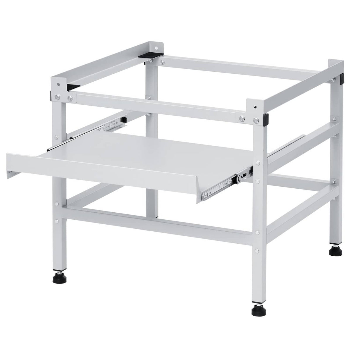 White steel laundry machine base with dual trays and side support brackets