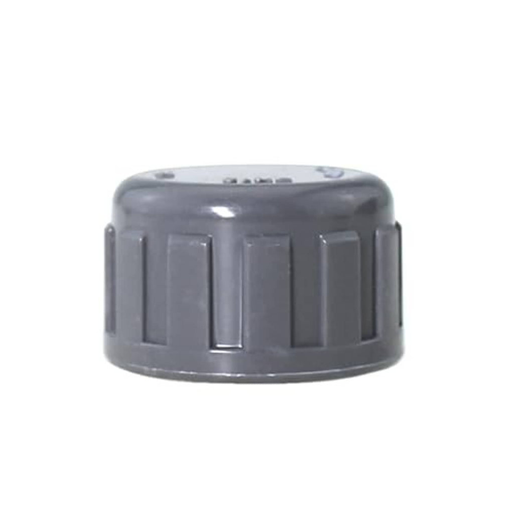 Grey PVC threaded cap plug adapter with ribbed outer grip and smooth top