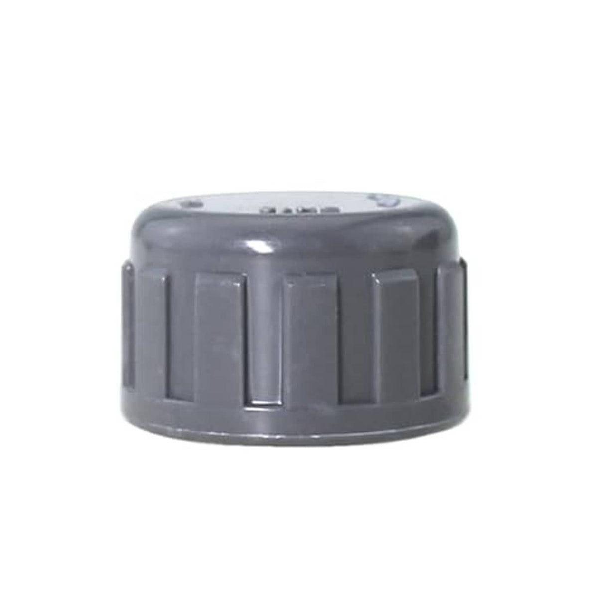 Grey PVC threaded cap plug adapter with ribbed outer grip and smooth top