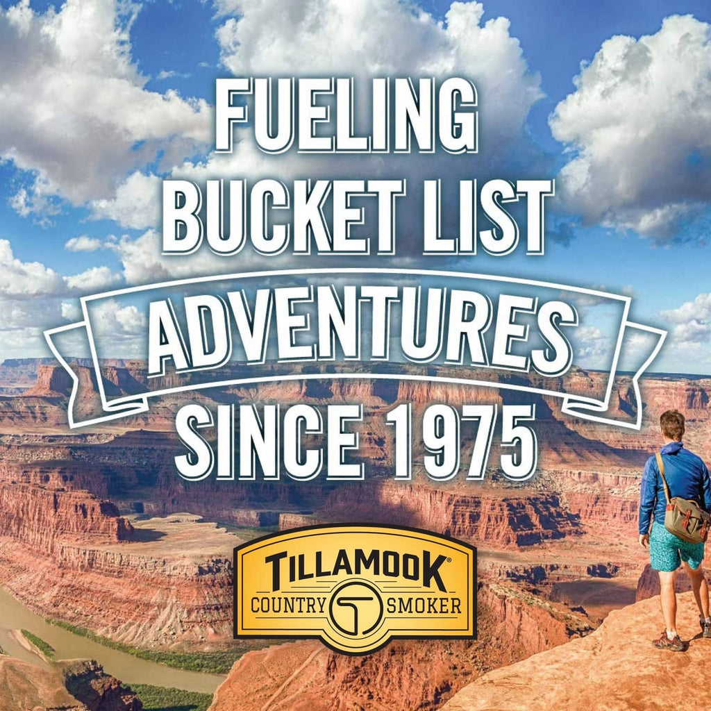 Tillamook Country Smoker logo on outdoor adventure themed banner