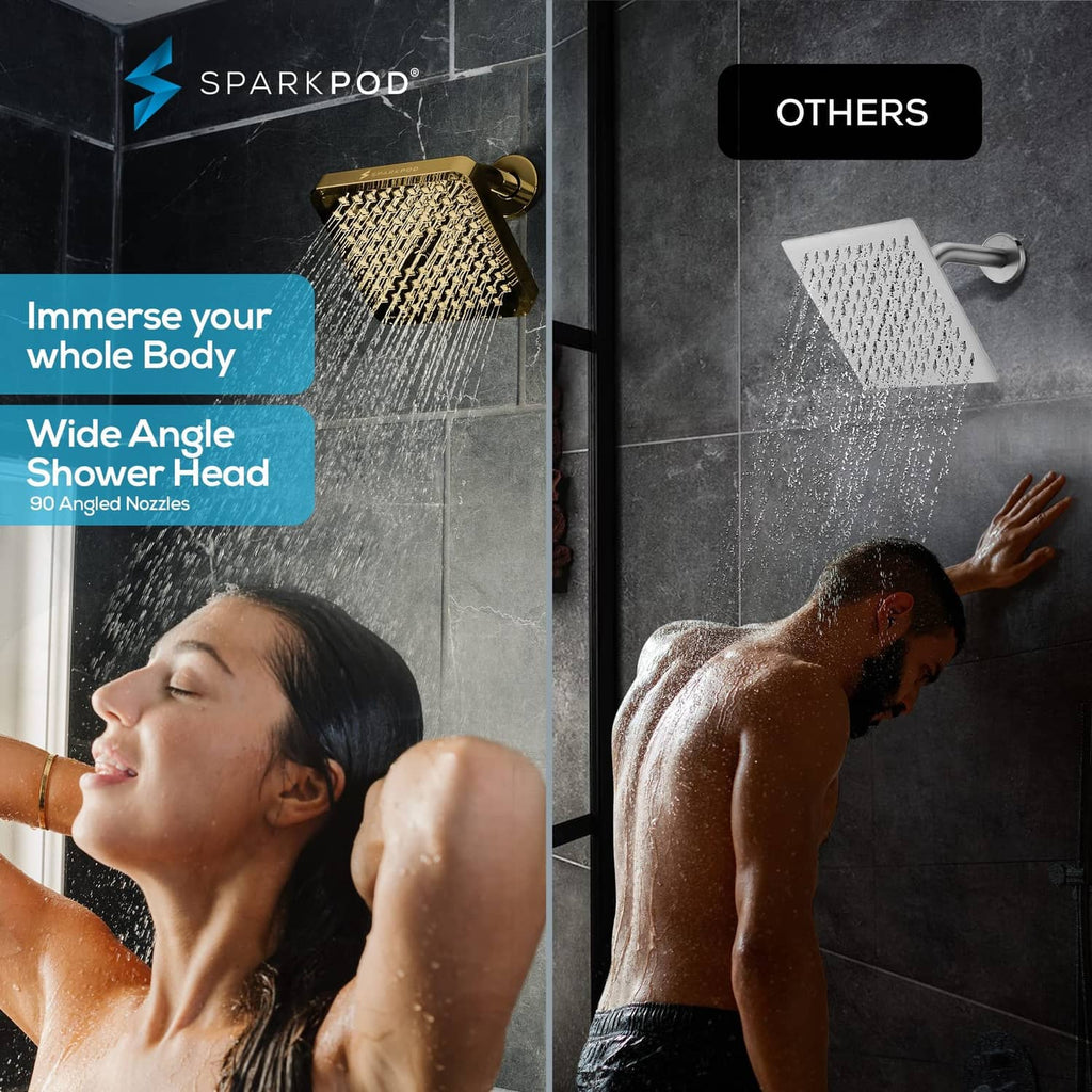 Egyptian gold square rain shower head with water flow from nozzle face