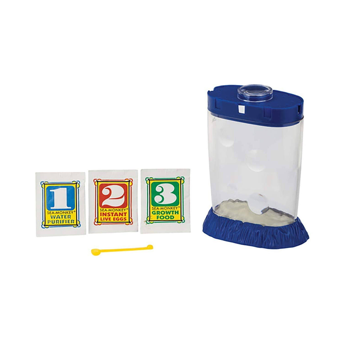 Magiquarium starter tank with blue lid and base, plus three supply cards on white
