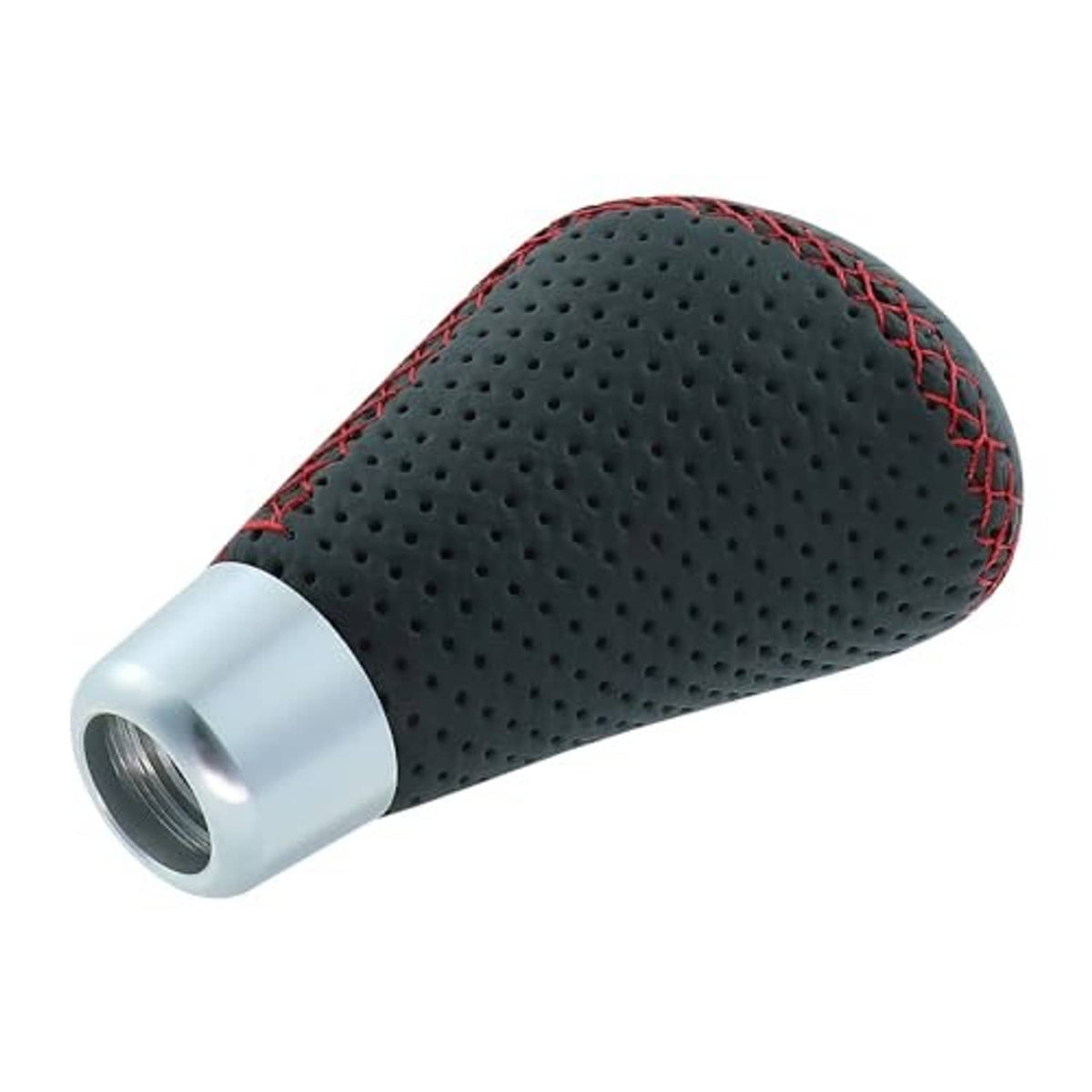 Black leather shifter knob with red stitching, perforated grip, silver base insert opening