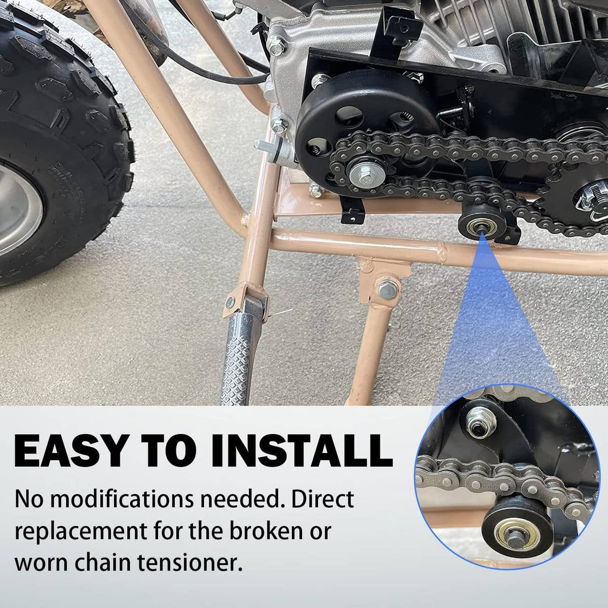 Installed chain tensioner guiding roller on mini bike drive chain