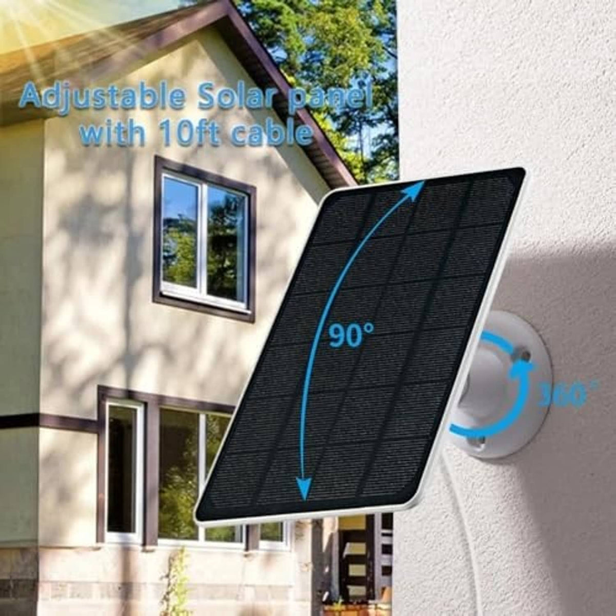 Solar panel charger with black panel, white mount, and long cable for outdoor use
