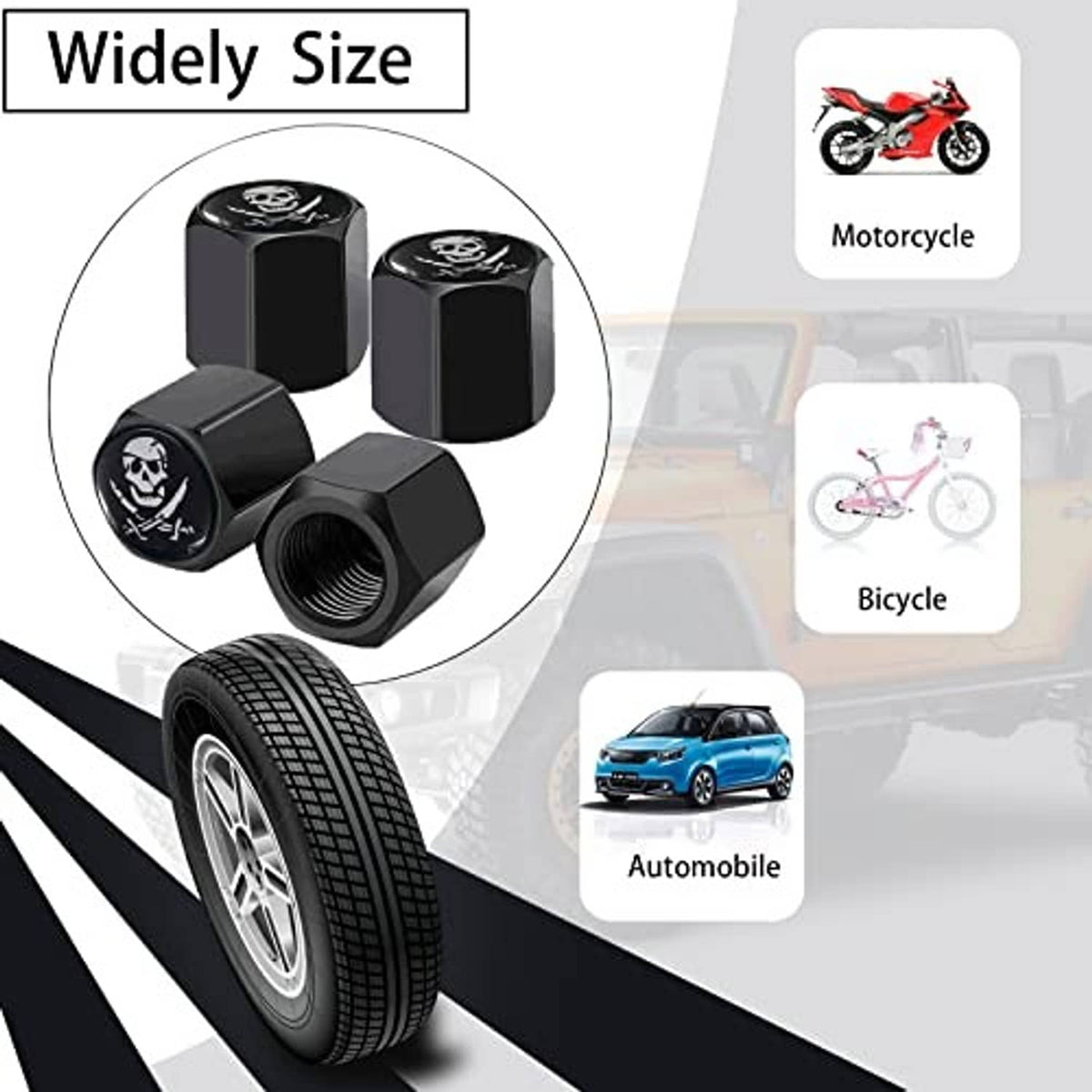 Four black pirate skull valve stem caps with rubber seal ring and threaded end