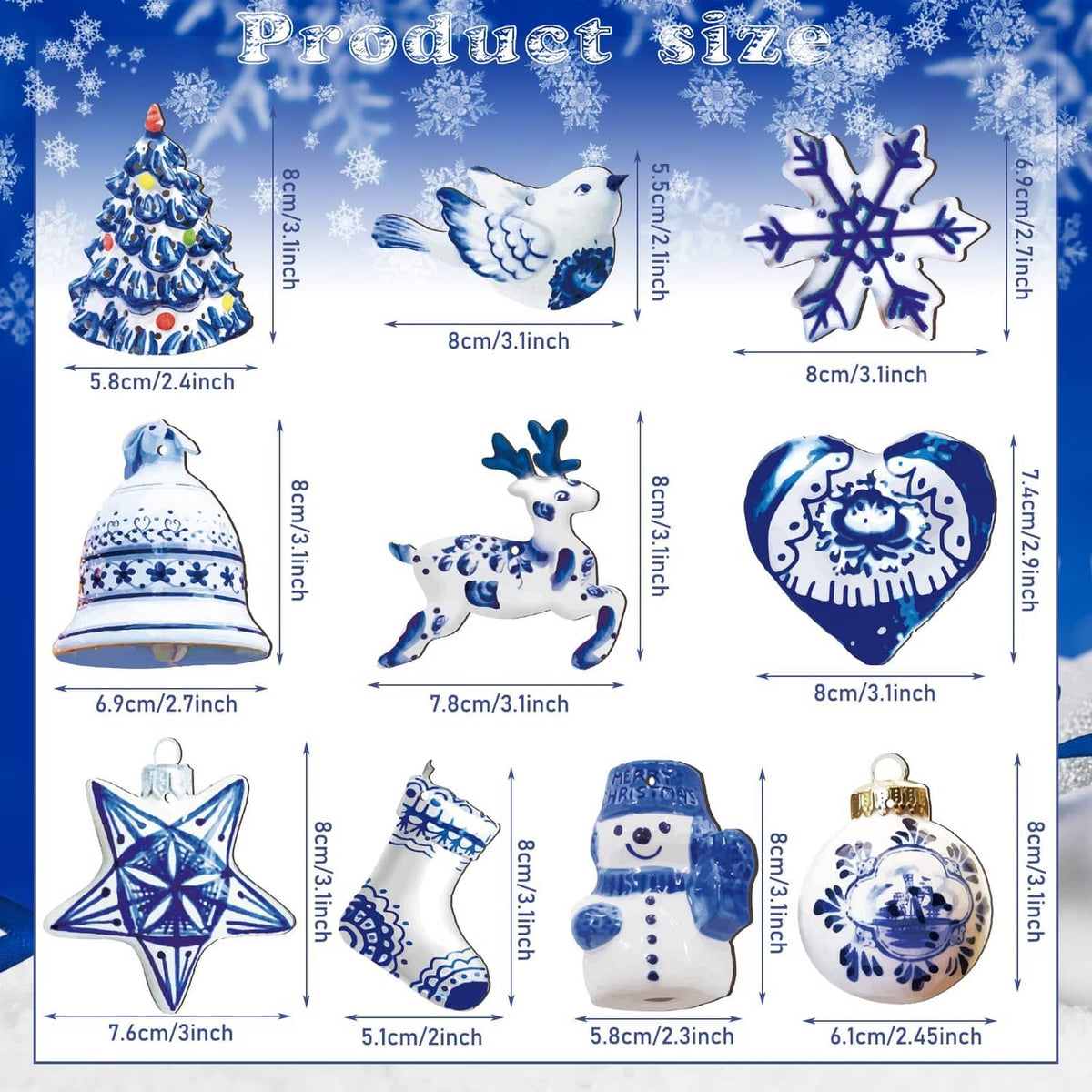 Blue-and-white porcelain ornament set size chart with tree, bell, star, snowflake, heart.