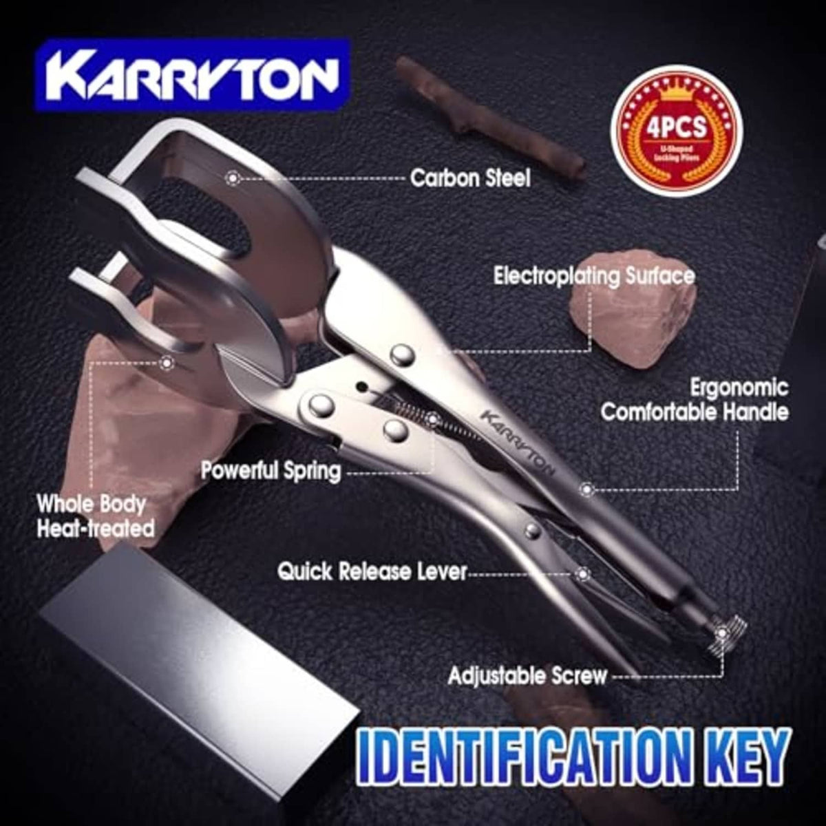 KARRYTON U-shaped locking pliers set, quick-release lever and adjustable screw, 4 pcs