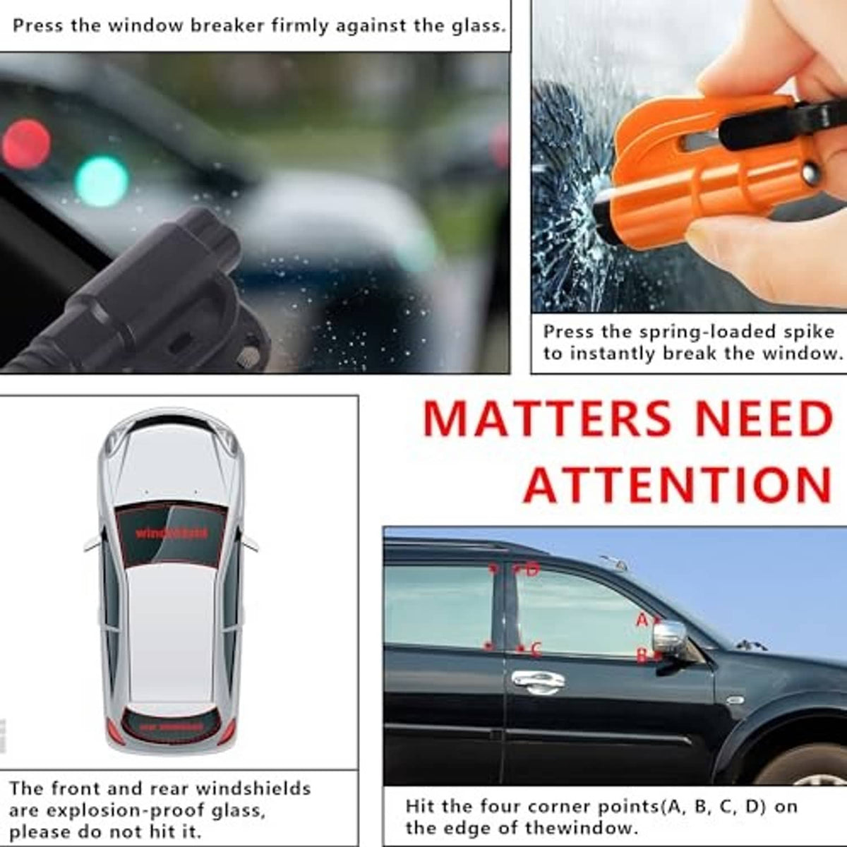 Hand holding orange window breaker spike tool against car glass