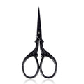Black sharp-tip stainless steel embroidery scissors with ornate finger loops