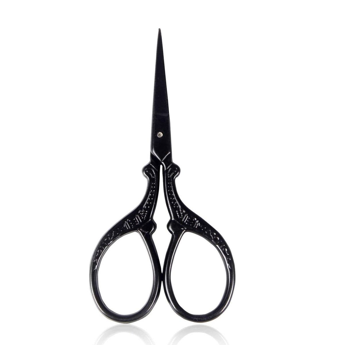 Black sharp-tip stainless steel embroidery scissors with ornate finger loops