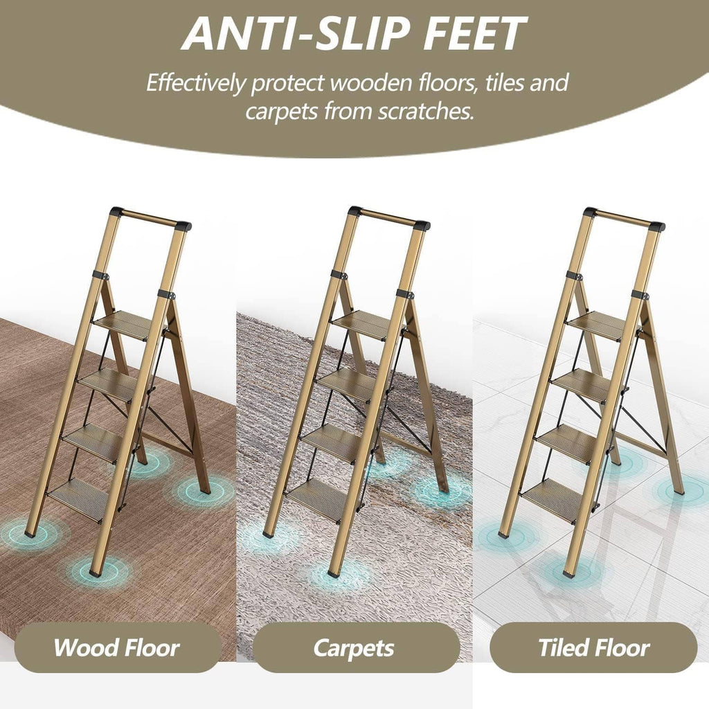 4-step folding step ladder with wide striped pedals and non-slip feet for floor protection