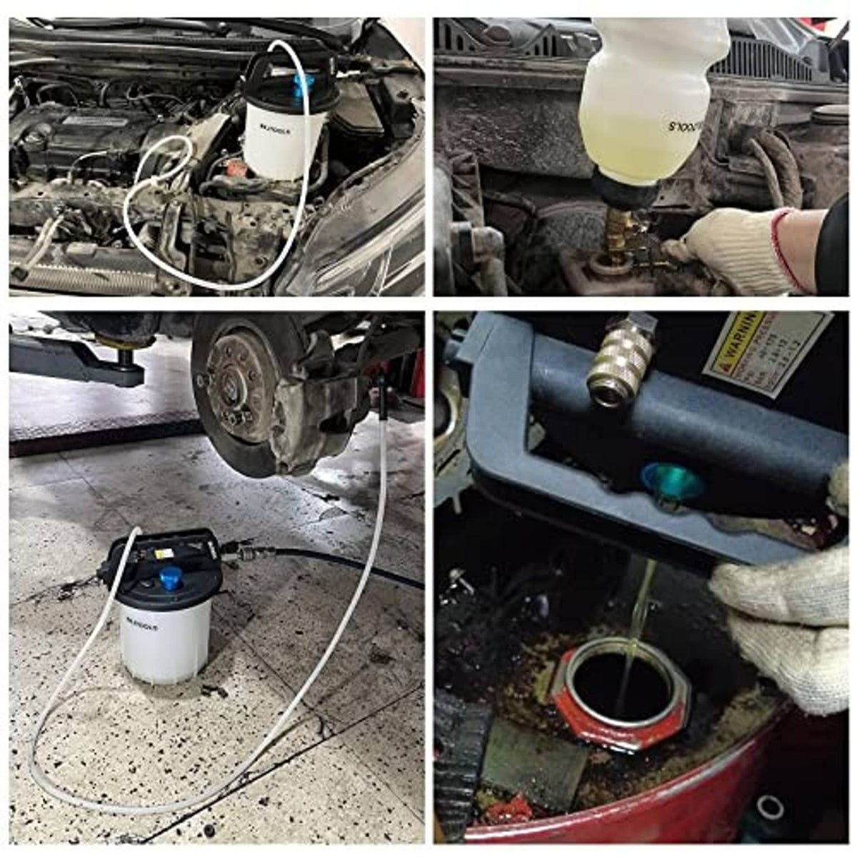 Vacuum brake bleeder setup with canister, clear hoses, and connected bleed fitting