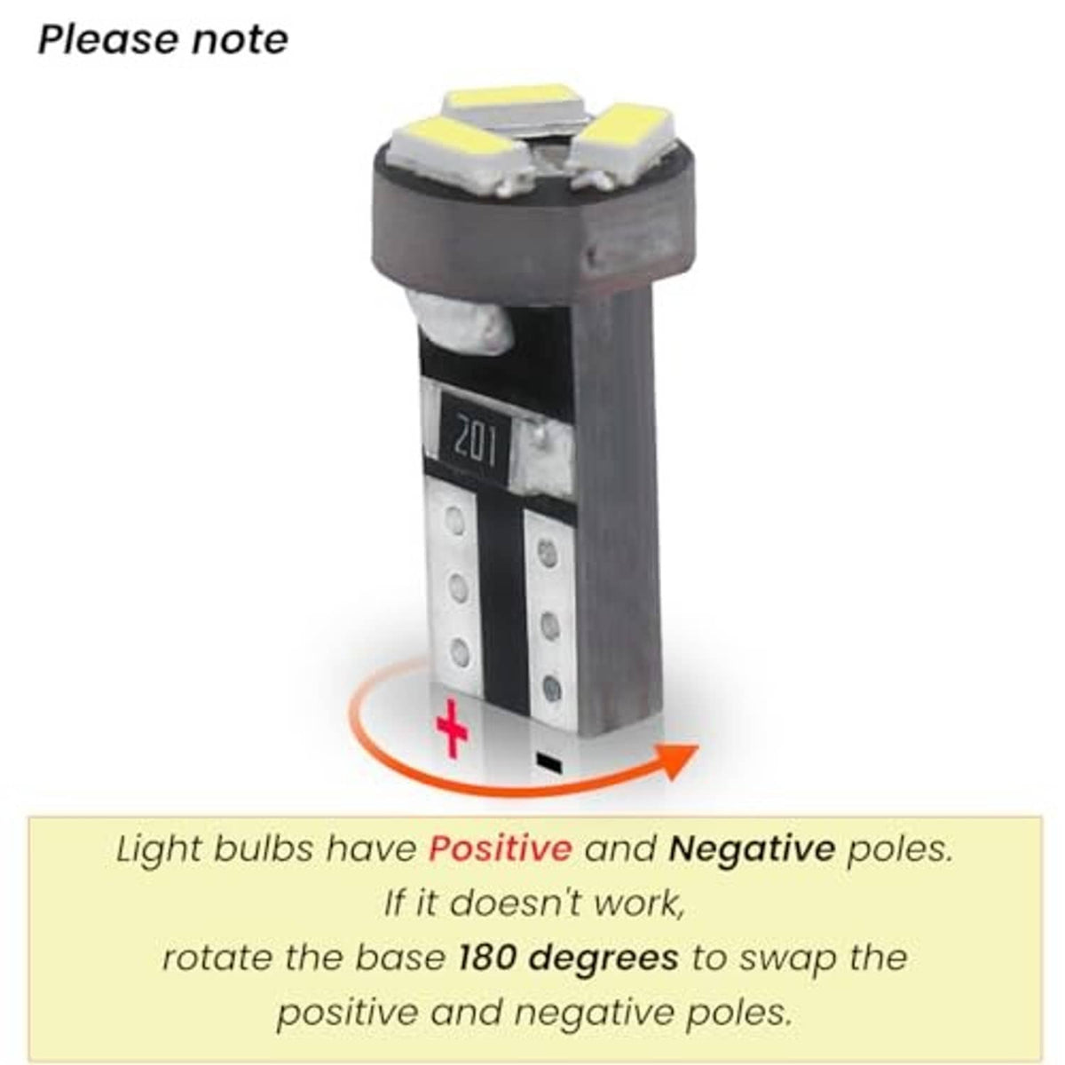 T5 LED bulb polarity guide showing positive and negative poles for 180° swap