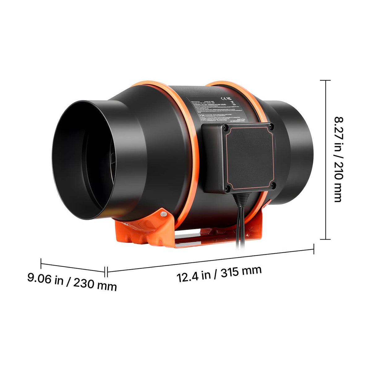 6-inch inline duct fan with black ducts and orange mounting base, size measurements shown