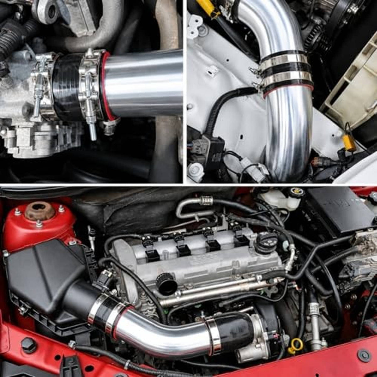 Silicone hose coupler with steel clamp installed on engine intake tubing