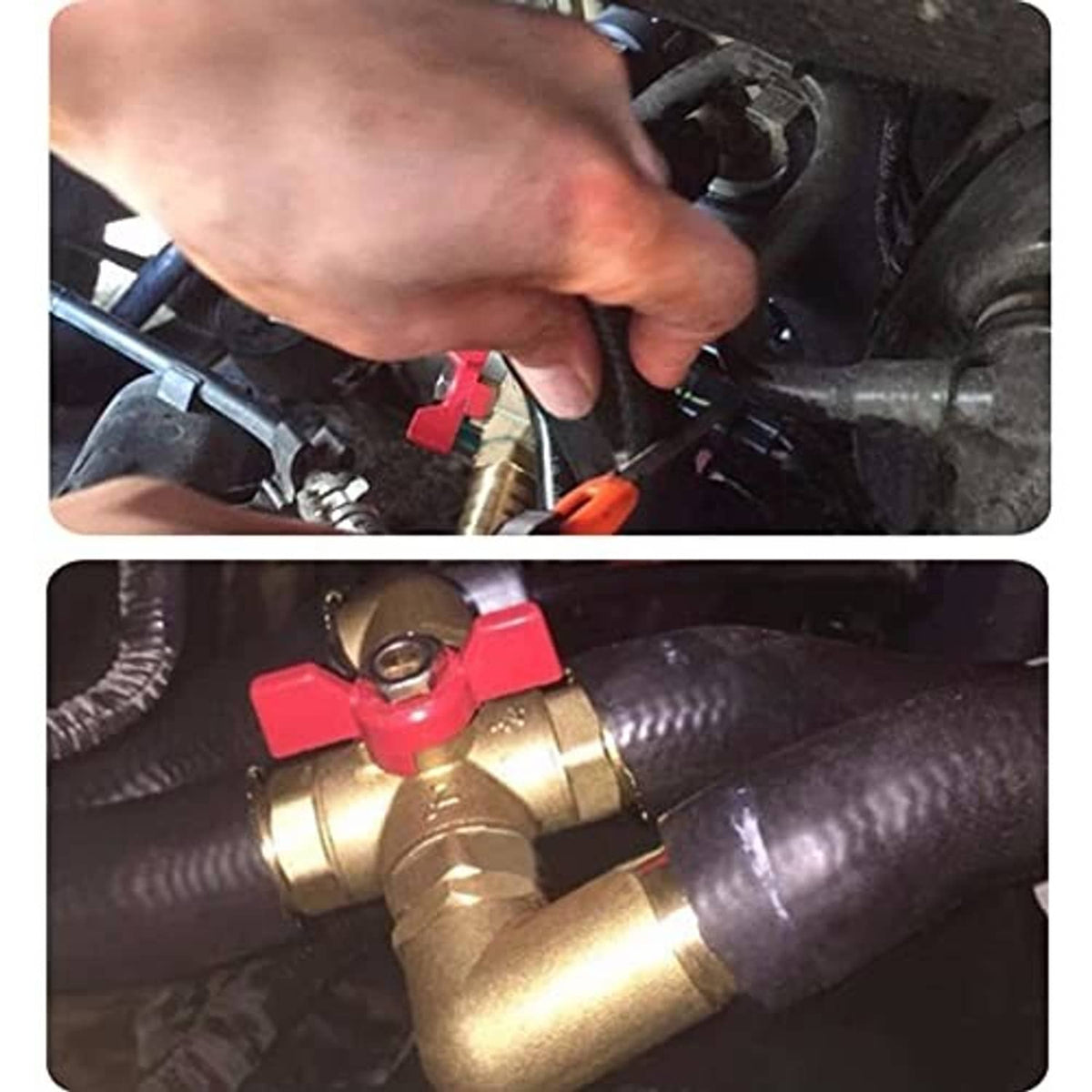 Brass heater valve with red lever connecting hoses near metal fittings