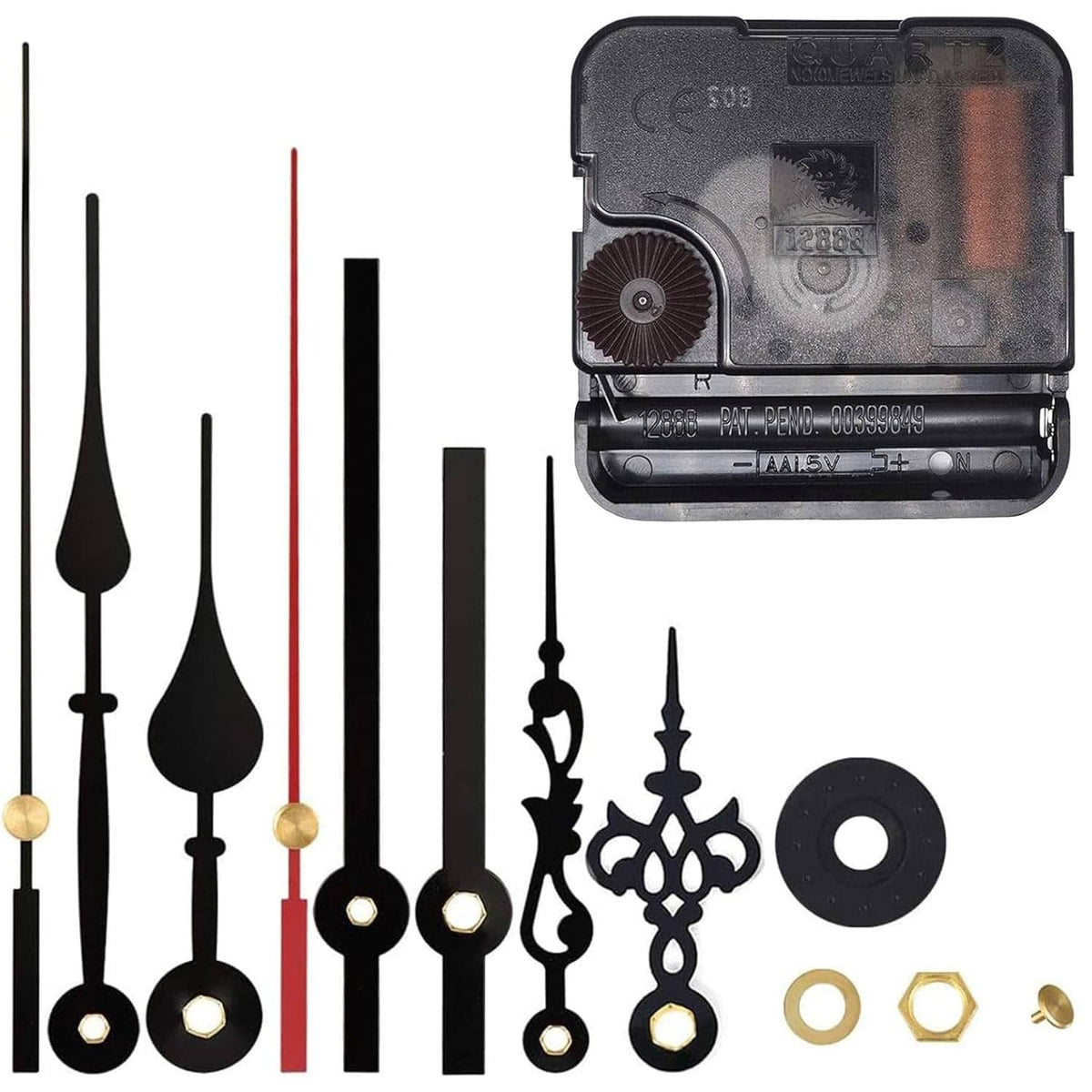 Clock movement housing in black with decorative clock hands and mounting parts