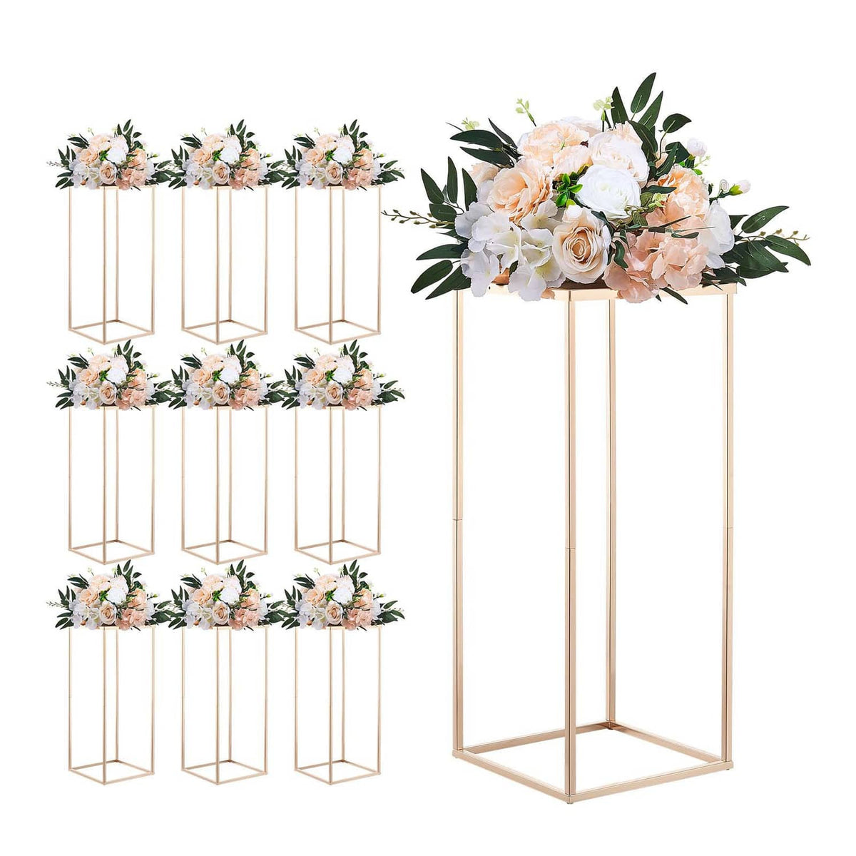 Set of 10 gold-tone flower stands with peach and white faux blooms