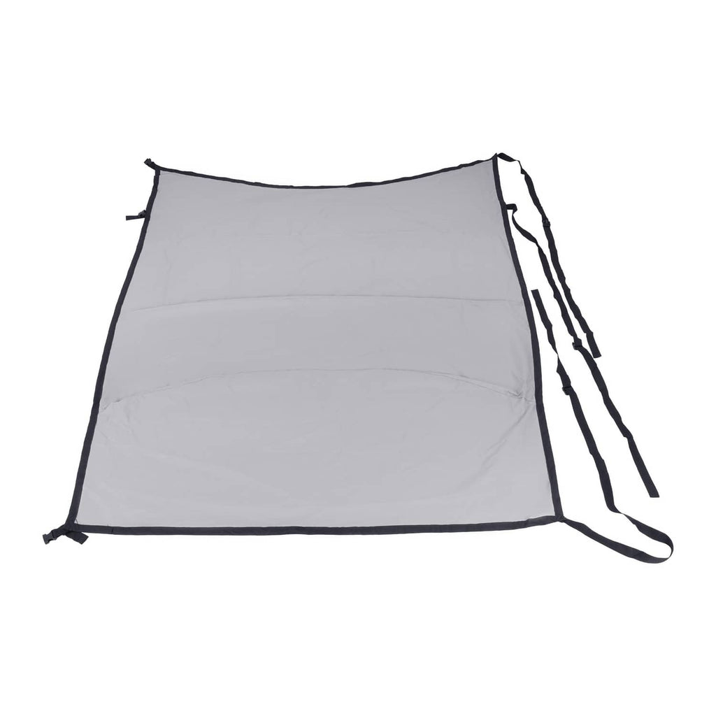 Gray aircraft cabin and windshield cover with black trim and hanging strap loops
