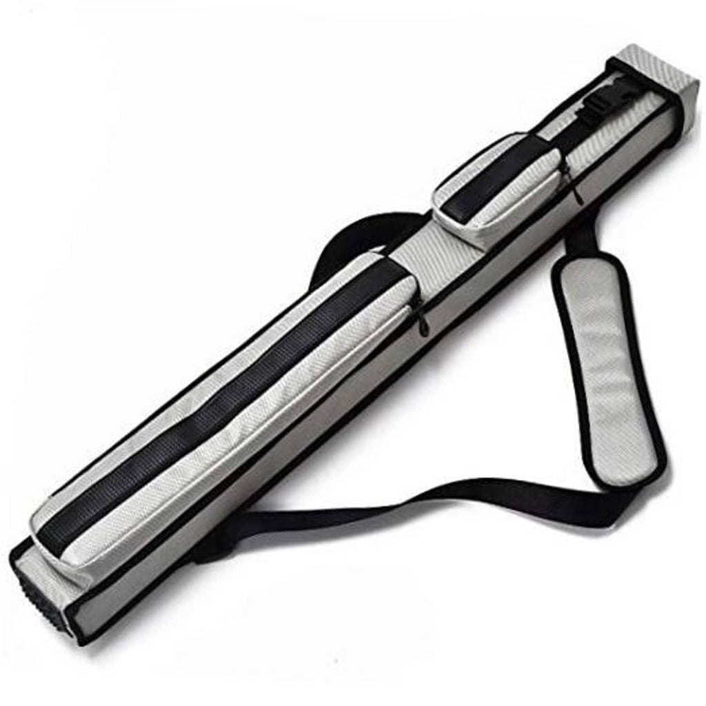 Silver gray hard pool cue case with black trim, front compartments, and carry handle strap