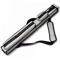 Silver gray hard pool cue case with black trim, front compartments, and carry handle strap